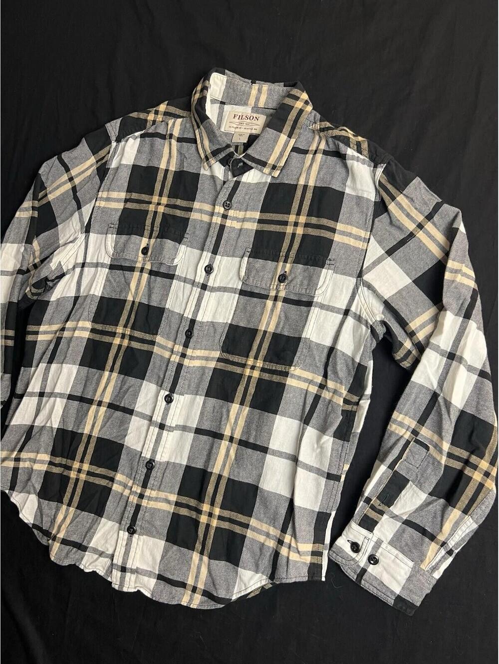 Filson Scout Flannel Button Up Shirt Plaid Mens L Black Gold White Cotton - Picture 2 of 10